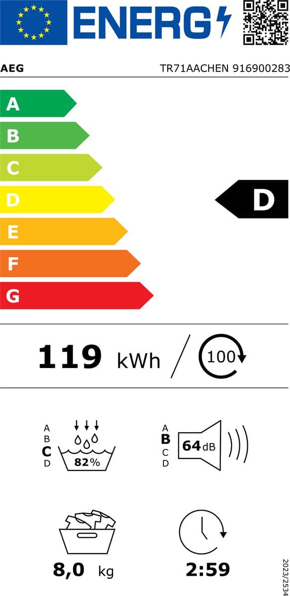 8 Kg, Klein display, 750 W, Warmtepomp, Energie-efficiëntieklasse D, 850x596x663 mm, Wit thumbnail 2