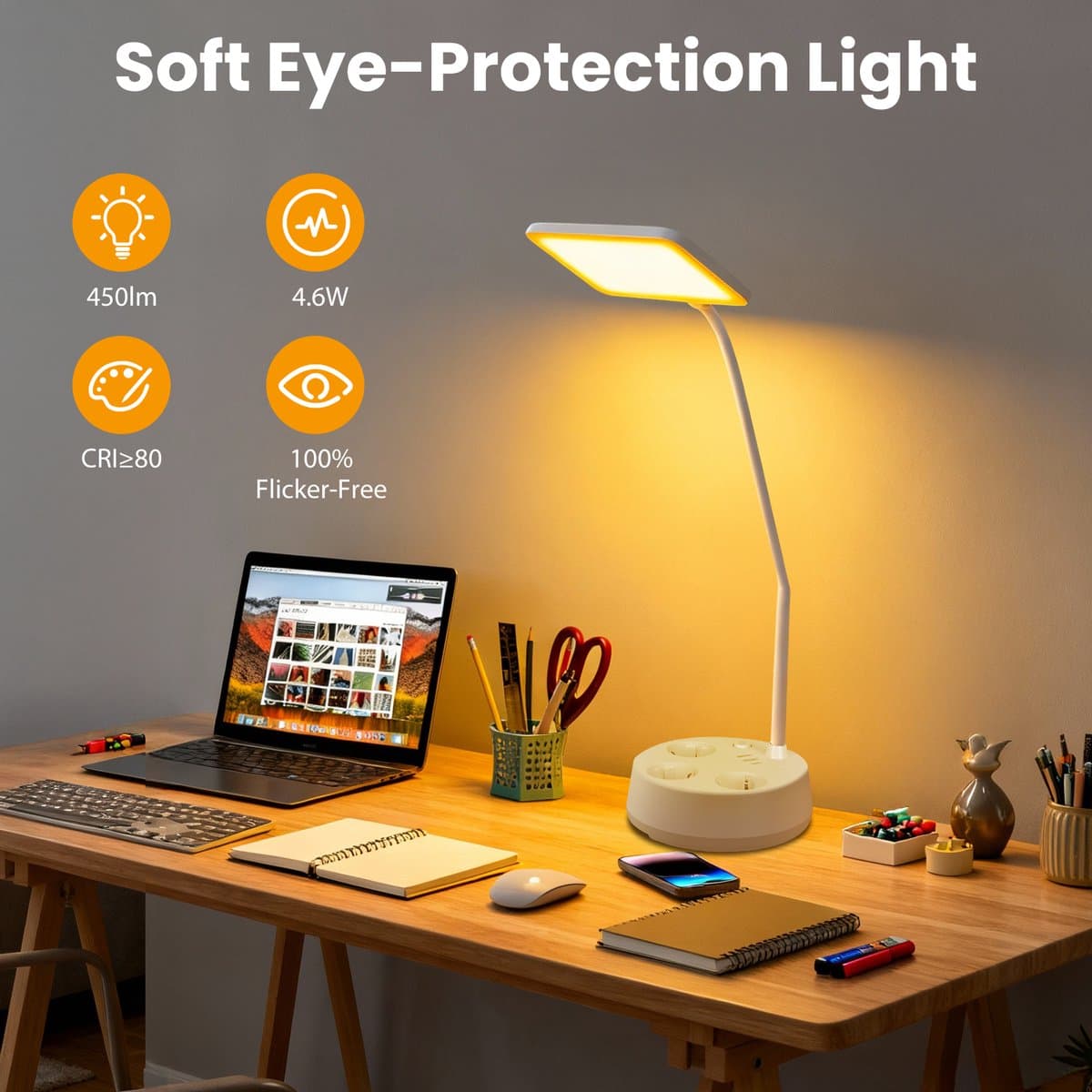 Aigostar 1043R - LED Bureaulamp Dimbaar - 3 Stopcontacten - 3 USB Poorten - Leeslamp - Bedlamp - LED Desk Lamp - Touch Control - 4.6 W - Wit thumbnail 4