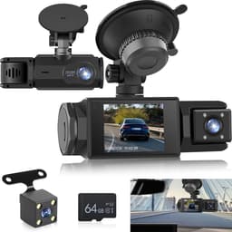 Productfoto van WiFi Dashcam voor Auto – 3-kanaals Draadloze Dashcam met App, Voor Binnenin Achter Camera, Full HD 1080P, 2" IPS-scherm, Nachtzicht, Bewegingsdetectie, Loopopname, 64GB-kaart Inbegrepen