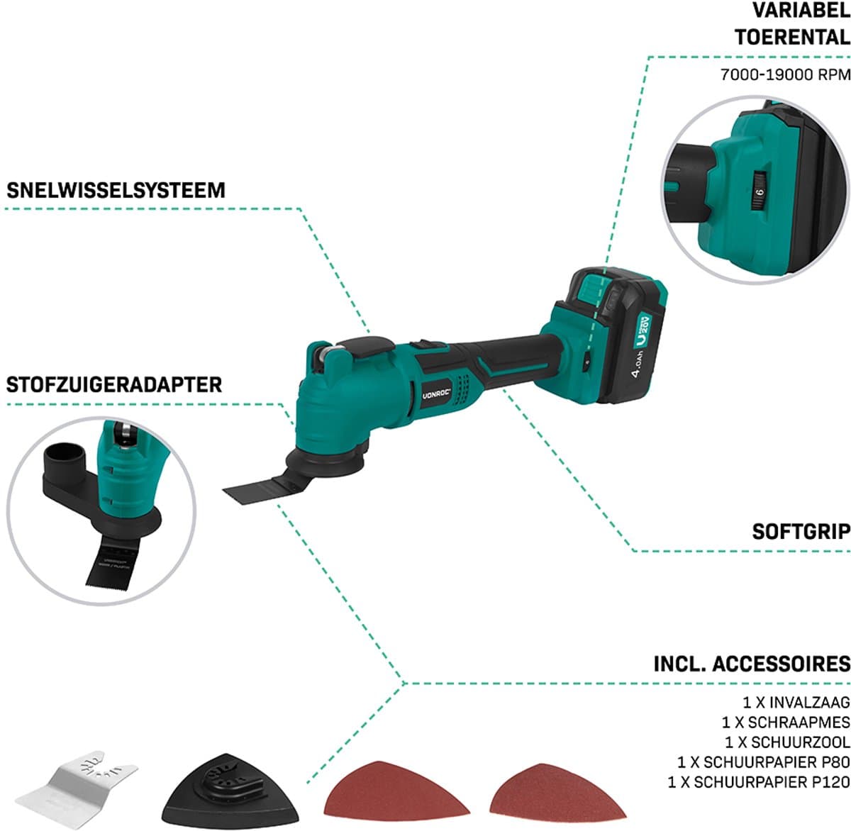 VONROC Accu Multitool 20V - met schraapmes, invalzaagblad, schuurzool en schuurpapier - 6 snel-heden: 7.000 - 19.000 rpm - Incl. 4.0Ah accu en snellader thumbnail 2