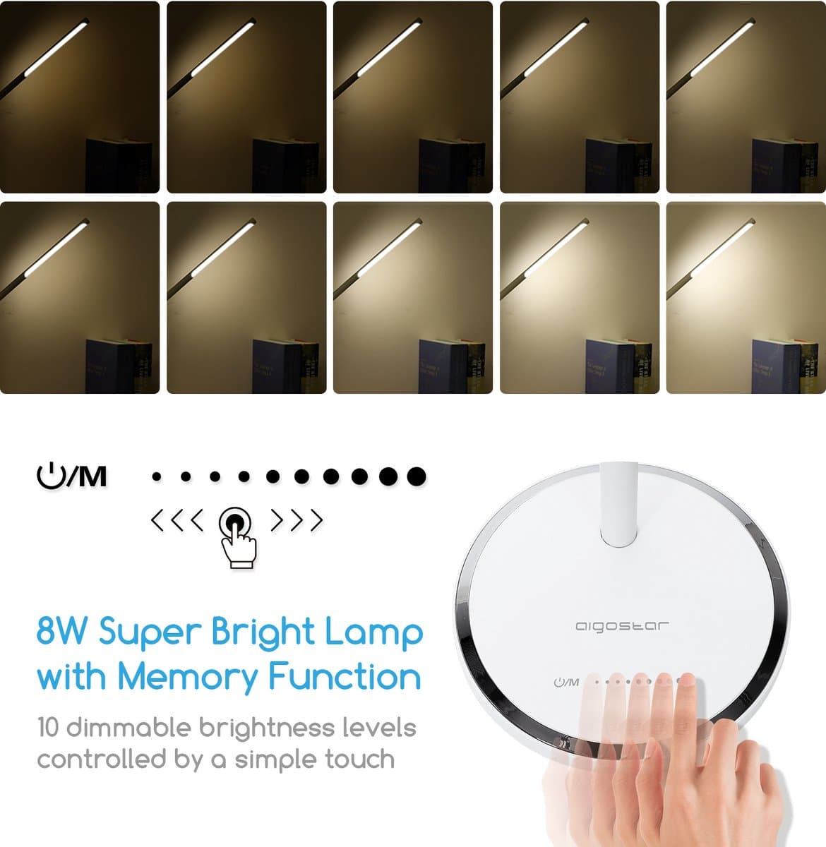 Aigostar Vince - Bureaulamp led dimbaar - 10 helderheidsmodi - 5 lichtkleuren - Opvouwbaar - USB Opladen - Smart Touch - Leeslamp - Tafellamp - Wit thumbnail 4