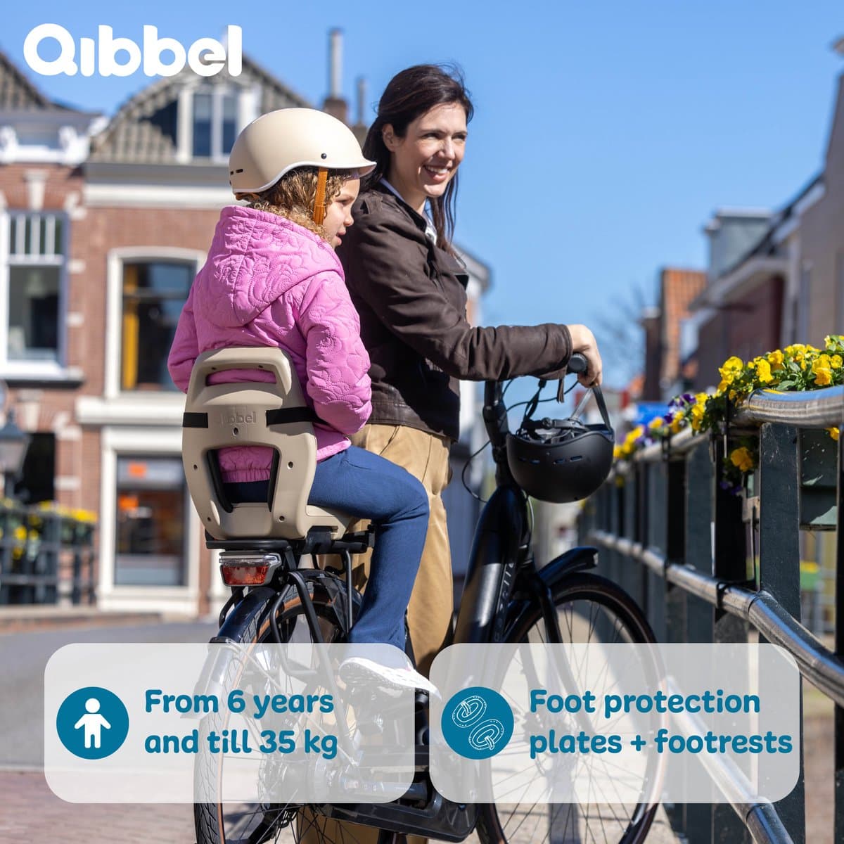 Qibbel Junior 6+ Fietsstoeltje Achter Bagagedrager bevestiging - Bruin - inclusief voetbeschermingsplaten en voetsteunen thumbnail 4