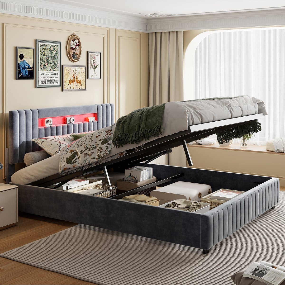 Opbergbed 160x200 cm Grijs Fluweel – Tweepersoons met LED Hoofdbord en Opbergvak thumbnail 5