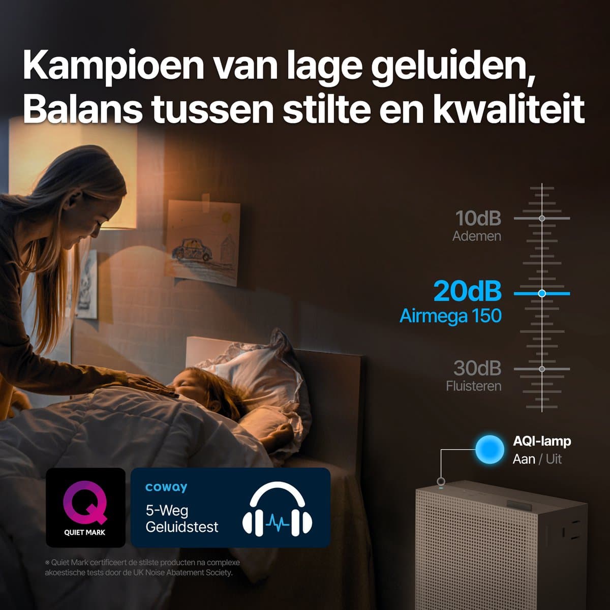 Coway Airmega 150 Luchtreiniger - Air Purifier - 281 m³/u - Wasbaar pre-filter + HEPA filter + koolstoffilter - Verwijdert tot 99,97% van ultrafijne deeltjes - Tegen stof, pollen en allergenen - Fluisterstil (20 dB) - ECARF & Quiet Mark - Wit thumbnail 2