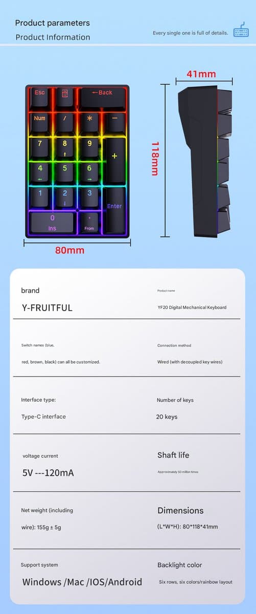 20-toetsen bedraad mechanisch numeriek toetsenbord voor laptops, draagbaar (zwart) thumbnail 4
