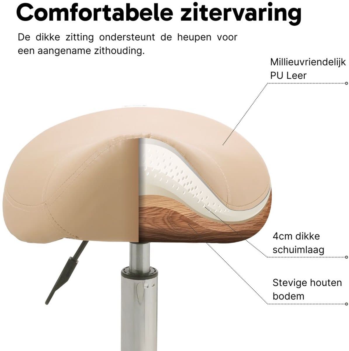 ZenGrowth ergonomische zadelkruk met hoge gasveer beige - Kapperskruk op zachte wielen – Zonder voetring – Zadelstoel - In hoogte verstelbaar thumbnail 3