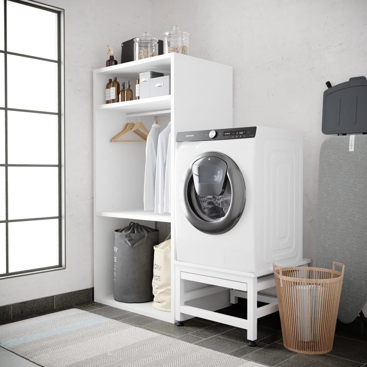 Wasophoogte® Wasmachine verhoger met uittrekbaar plateau - Wasmachine opbouwmeubel - Wasmachine sokkel - 42cm hoog - Wit - Universeel - 65*60,5 (LxB) - Inclusief wandbeugels thumbnail 6
