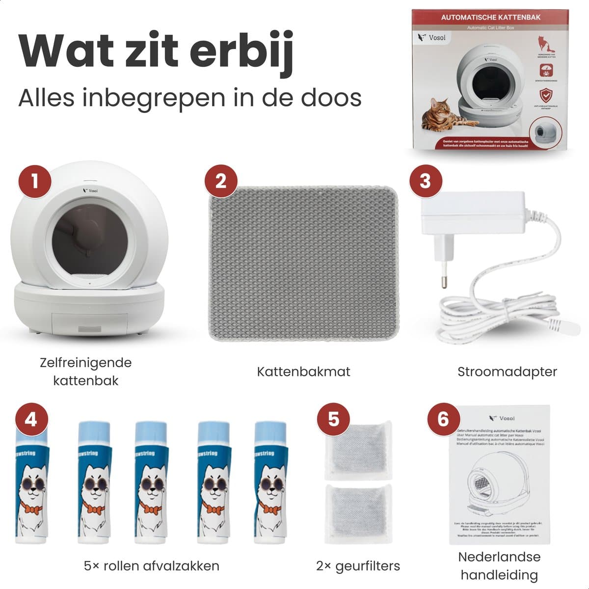 Vosoi Automatische Kattenbak - Zelfreinigende Kattenbak - Bedienen via App - Inc. matje met 5 rollen opvangzakjes en 2 geurfilters - 65L thumbnail 8