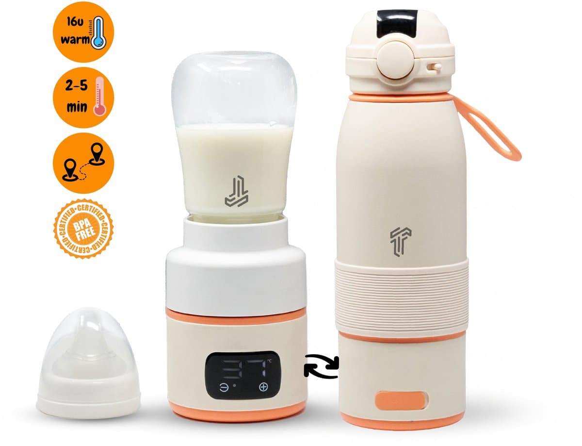 2-1 Flessenwarmer Baby - 2/5 min warm- 500ML–Flessenwarmer voor onderweg–Thermosfles – USB-C Oplaadbaar Trennety® ThermiGo™