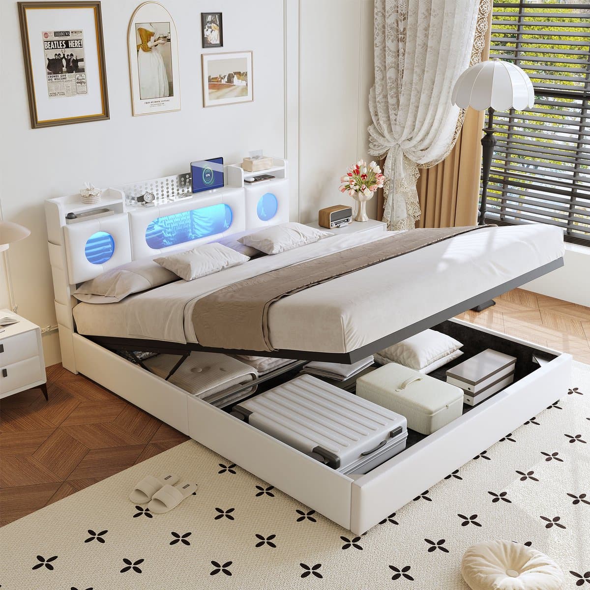 Gasveerbed 160x200 cm met LED-hoofdbord, USB en Type-C, opbergvak en opbergruimte onder het bed – ideaal voor lezen, ontspannen en opladen – Wit thumbnail 7