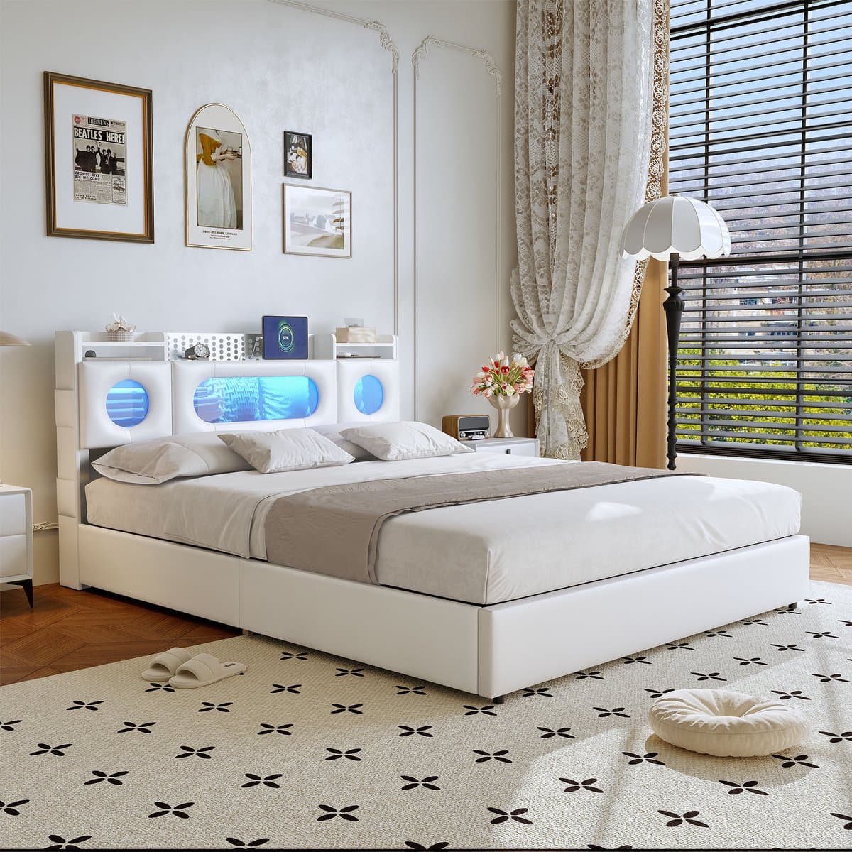Gasveerbed 160x200 cm met LED-hoofdbord, USB en Type-C, opbergvak en opbergruimte onder het bed – ideaal voor lezen, ontspannen en opladen – Wit thumbnail 4