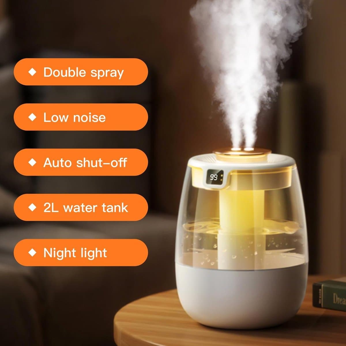Luchtbevochtiger slaapkamer -2L Stille koele mist luchtbevochtiger - Dubbele sproeikop voor dubbele waternevelafgifte - Met nachtlampje - Slimme sensor past de luchtvochtigheid in realtime aan - Nieuwe ecologische luchtzuivering met negatieve ionen thumbnail 4