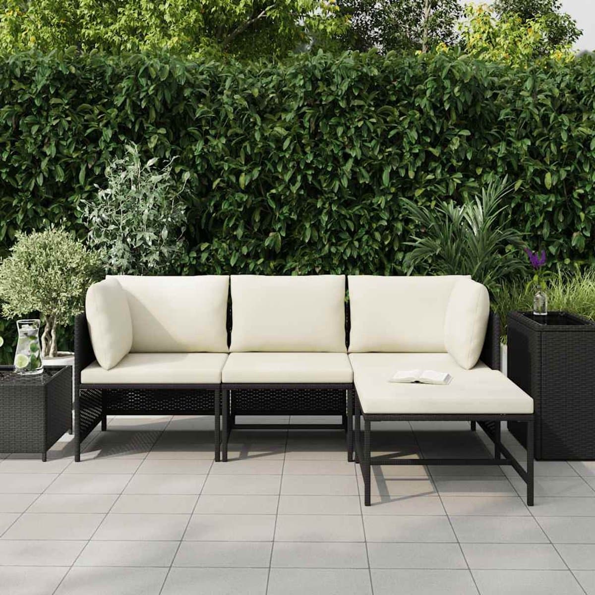 vidaXL - 4-delige - Loungeset - met - kussens - poly - rattan - zwart thumbnail 5