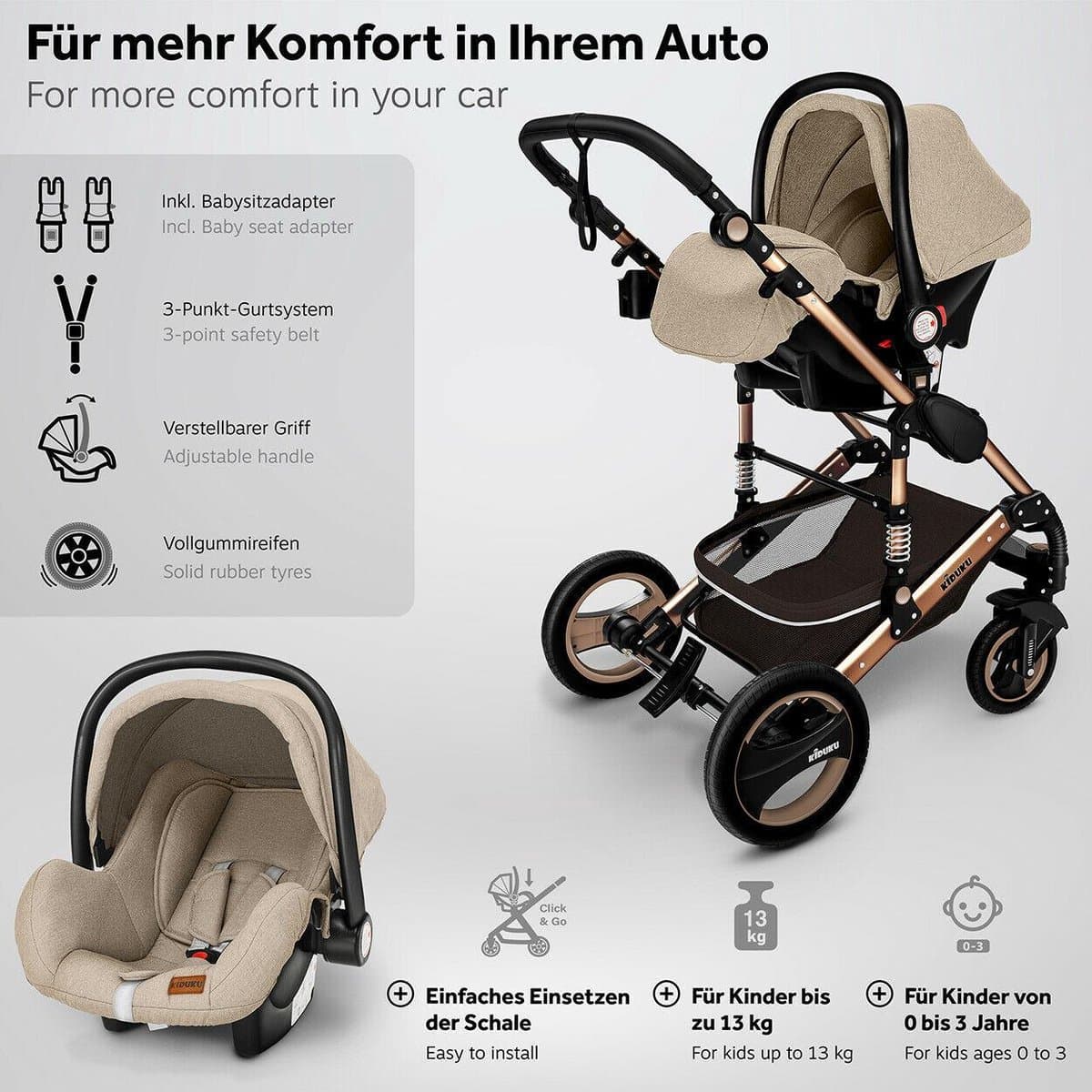 KIDUKU- 3 in 1 combi-kinderwagen- bruin/goud- buggy incl. autostoeltje-regenhoes- inklapbaar thumbnail 8