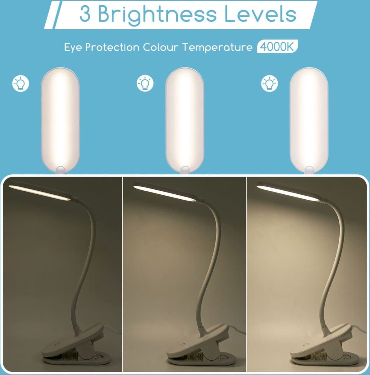 Aigostar 10A52 - Bureaulamp LED Dimbaar- met Klem - helderheidsmodi - Verstelbare Leeslamp - 4000K - Wit thumbnail 2