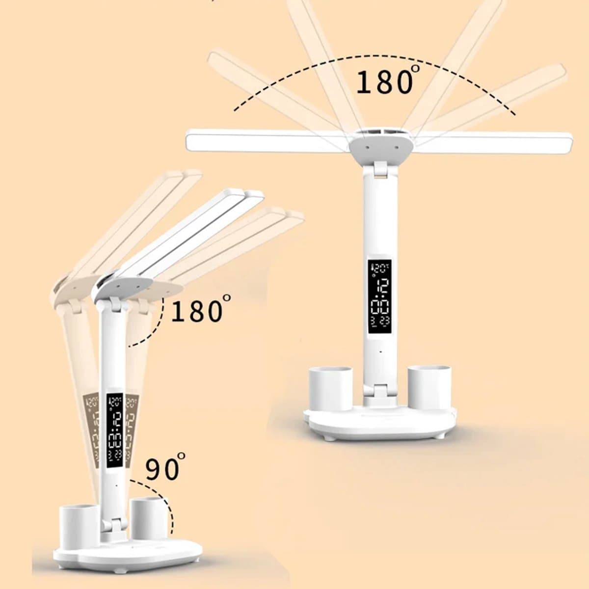 LED Bureaulamp met Dubbele Kop, Vouwbaar Touchscreen, Kalender & Klok, USB Aansluiting – Ideaal voor Bureau & Leeslamp thumbnail 6
