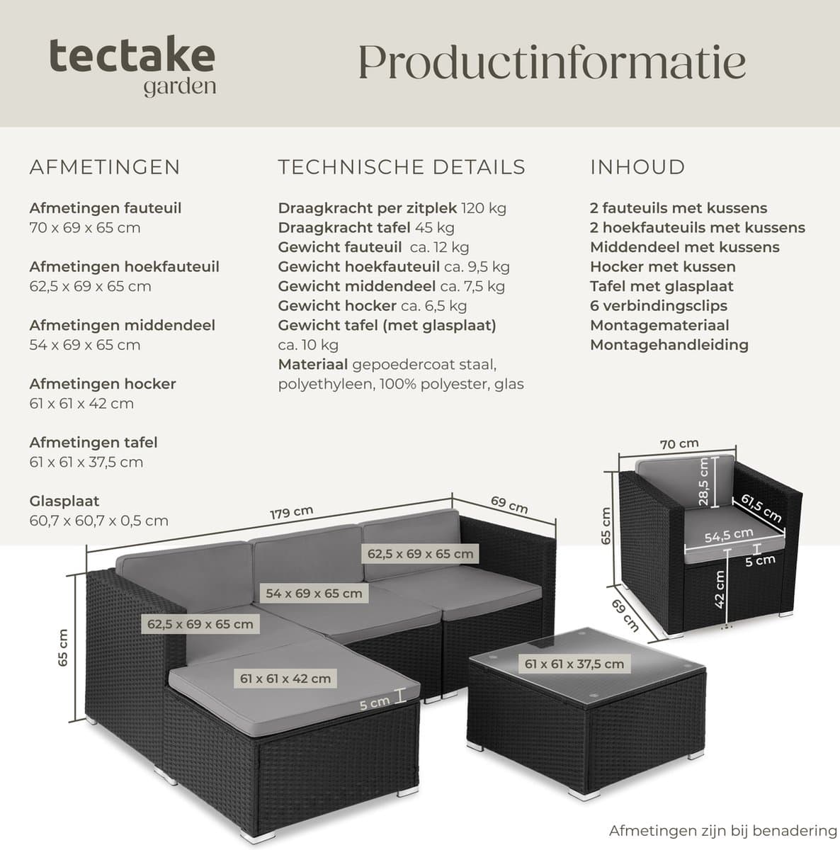 tectake® wicker Loungeset, buitenzitgroep, set met bank, 2 fauteuils, kruk, tafel, vrij combineerbaar, tuinmeubelen voor 5-6 personen, voor tuin, terras, balkon, inclusief kussens - zwart - poly-rattan thumbnail 8