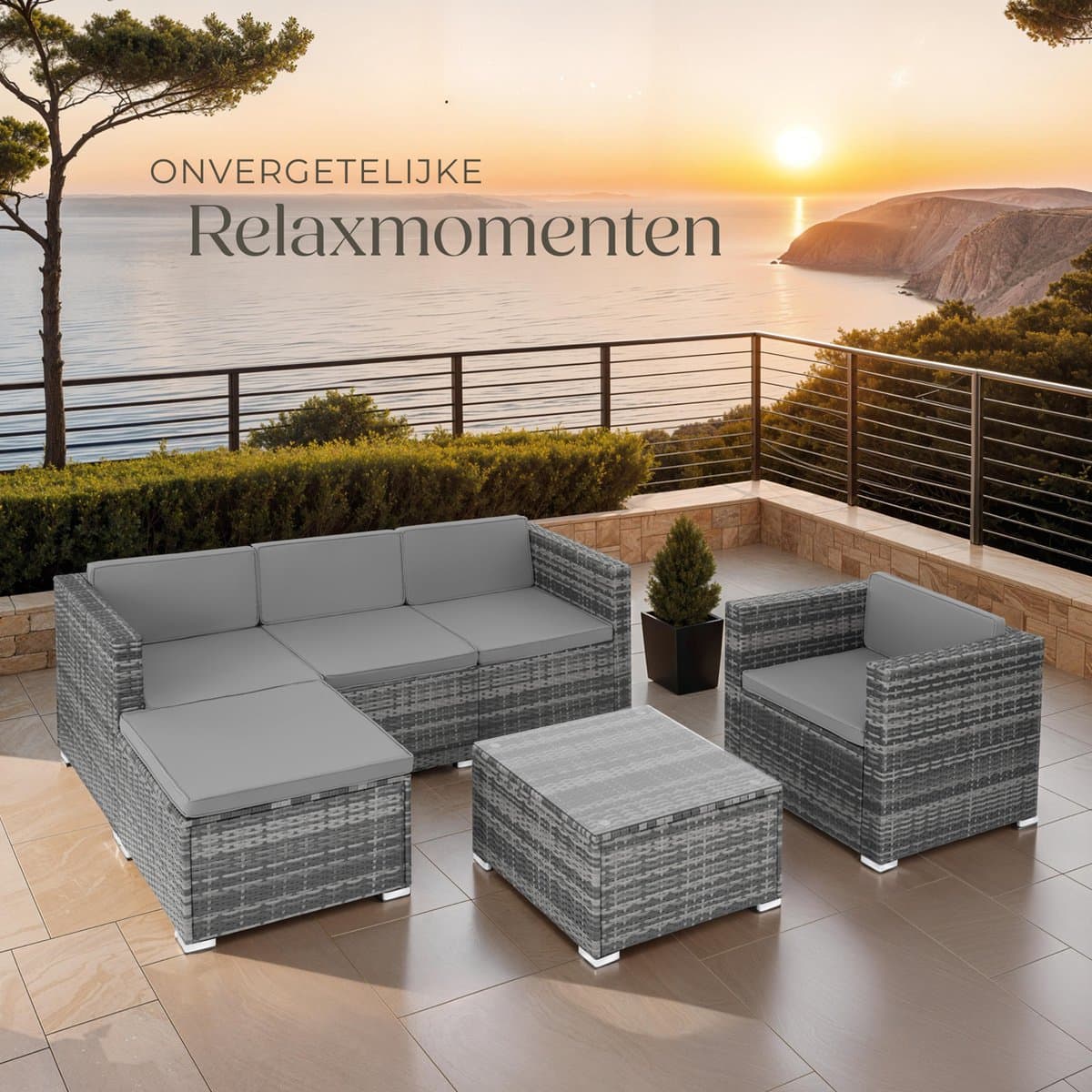 tectake® Wicker lounge - Tuinmeubelset voor buiten met bank, fauteuil, kruk en tafel - Variabel combineerbaar - Weerbestendig meubilair - Voor 4-5 personen - Balkonmeubilair - Tuinlounge - Terrasmeubilair - Grijs thumbnail 5