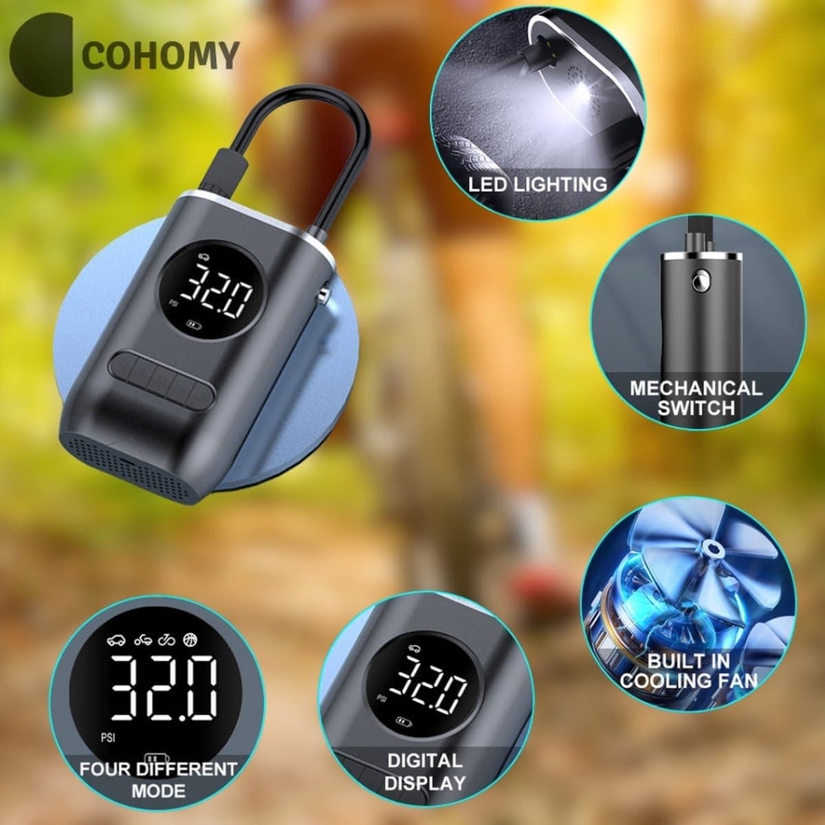 Elektrische Fietspomp - Bandenpomp Scooter Motor Auto - Draagbare luchtcompressor - Tot 10.8 bar - USB oplaadbaar thumbnail 4