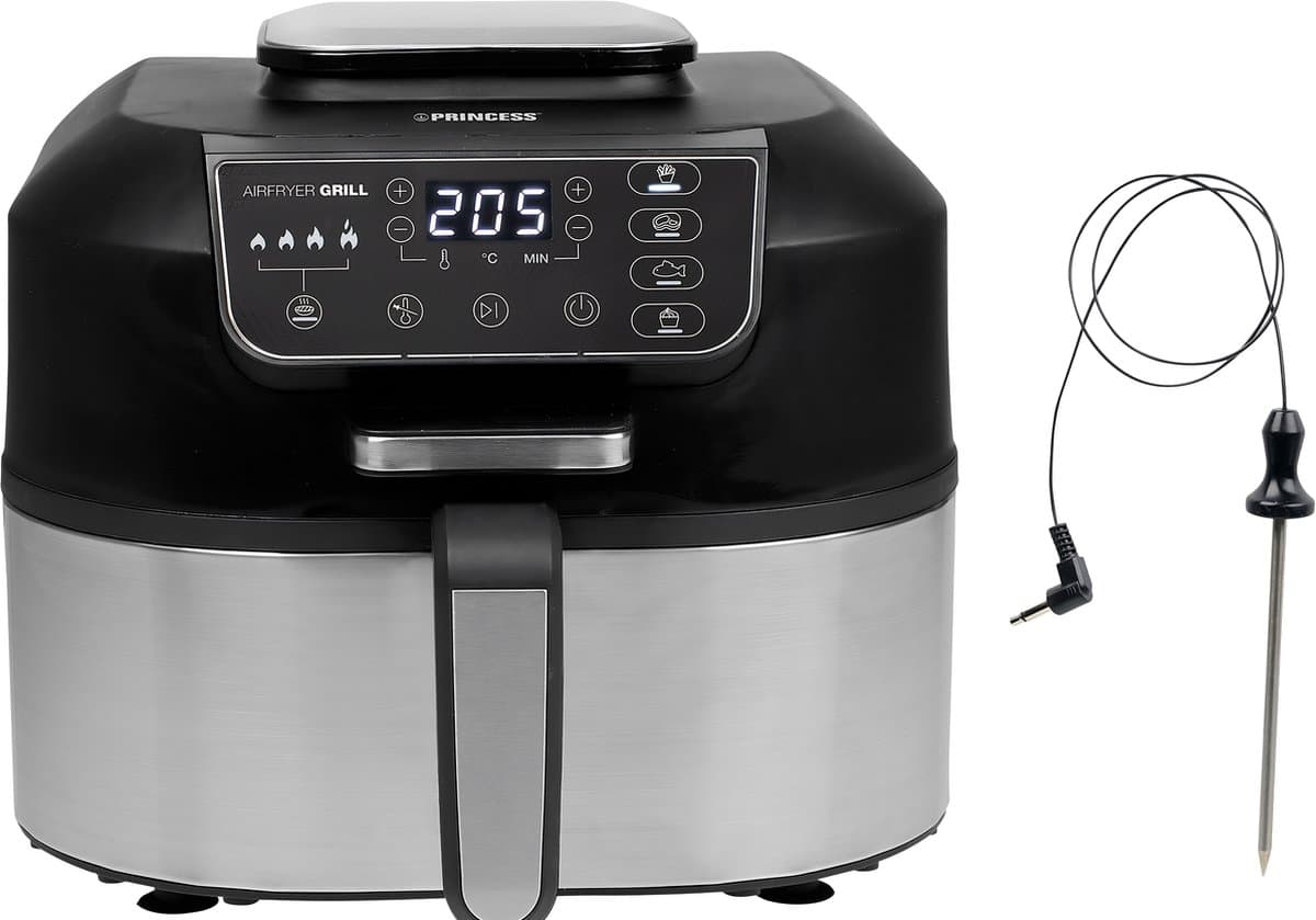Princess Airfryer Grill XXL 182092 - 2 in 1 Grill en Heteluchtfriteuse - Temperatuurmeter - Groot 5.6 liter - 265 graden - 4 voorgeprogrammeerde programma's - RVS/Zwart