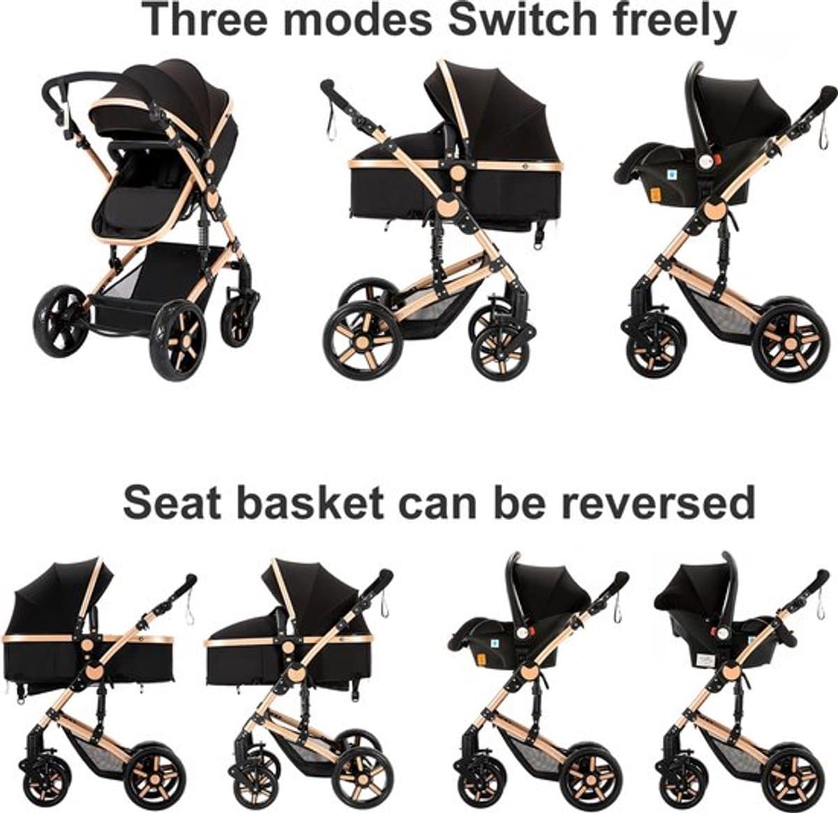 Luxe 3-in-1 Kinderwagen - Autostoeltje - Buggy - Reiswieg - Inklapbaar - 0-36 Maanden - Zwart/Goud thumbnail 8