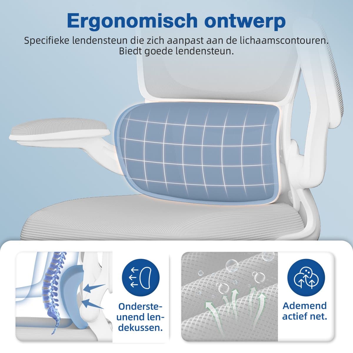 Elekiatech Ergonomische Bureaustoel - Bureaustoel met Opklapbare Armleuningen - Bureaustoelen voor Volwassenen - 150 Kg - Grijs thumbnail 3