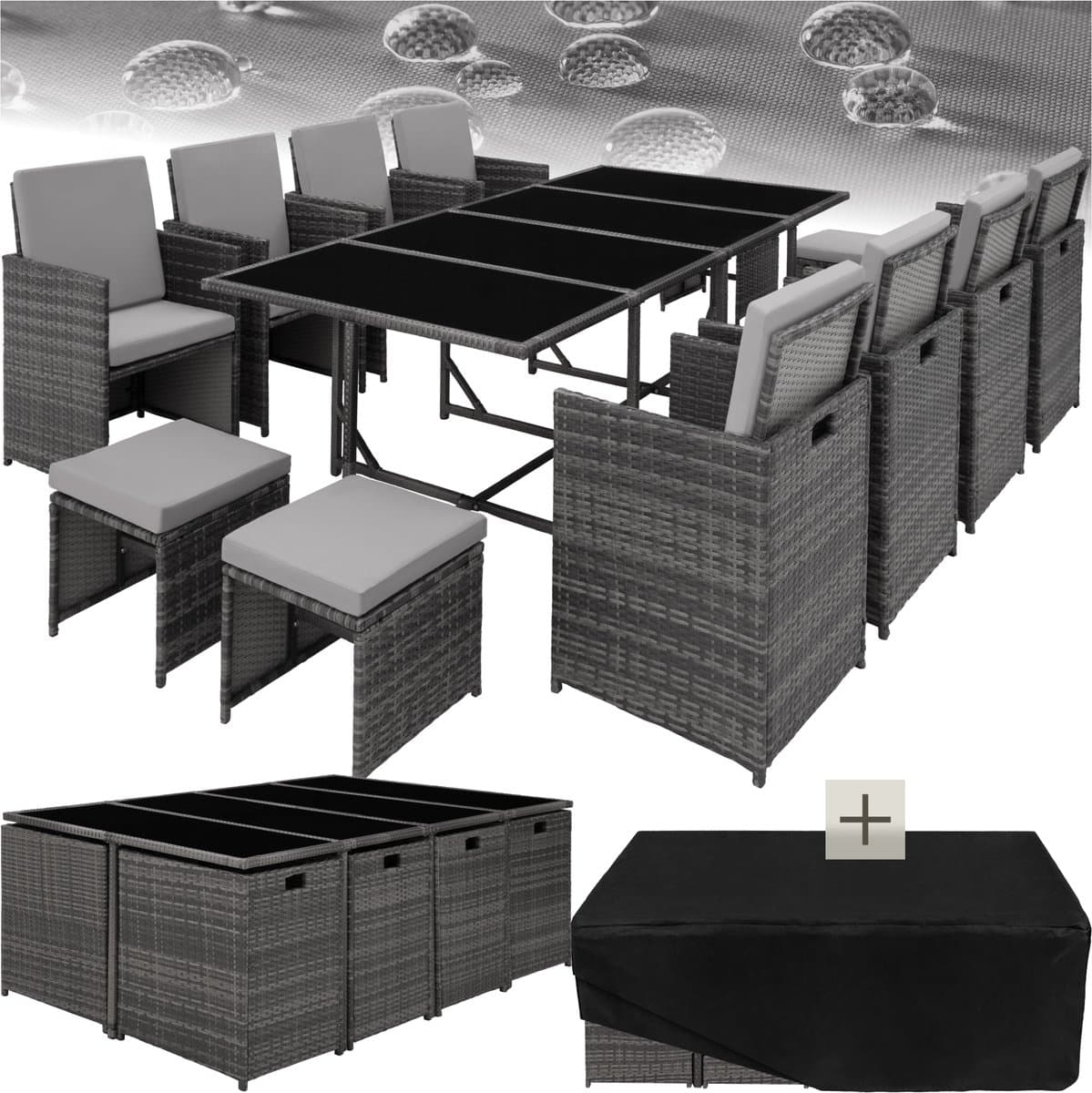 tectake® - Wicker tuinloungeset - Polyrotan tuinmeubelset, 8+4+1 zitgedeelte, 8 stoelen, 4 krukken, 1 tafel - Incl. beschermhoes, voor tuin, balkon, terras - grijs/lichtgrijs