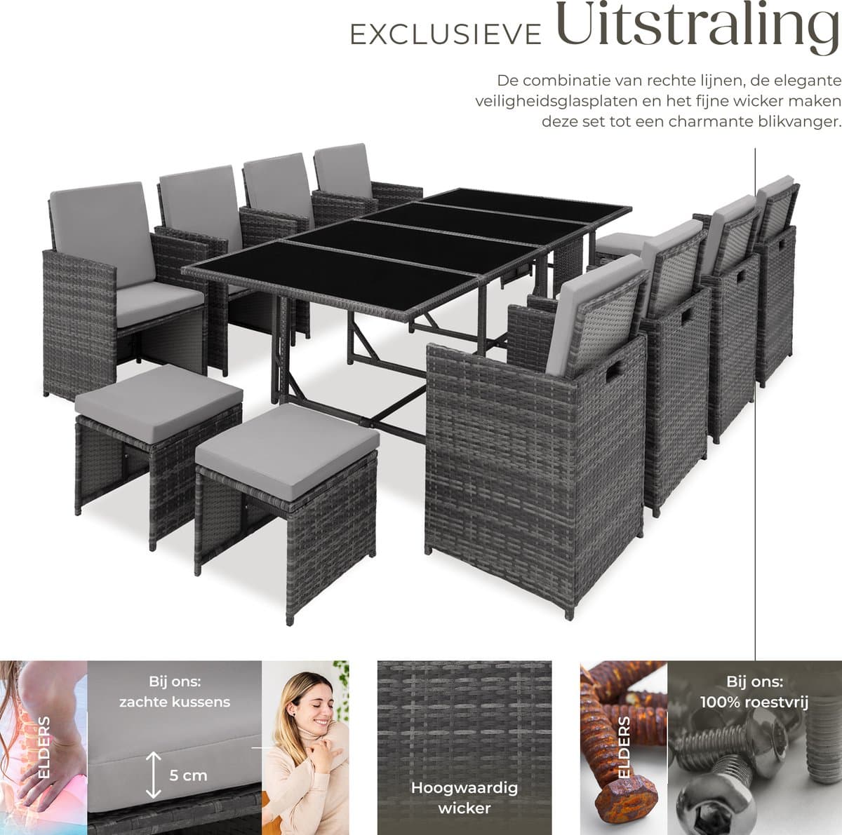 tectake® - Wicker tuinloungeset - Polyrotan tuinmeubelset, 8+4+1 zitgedeelte, 8 stoelen, 4 krukken, 1 tafel - Incl. beschermhoes, voor tuin, balkon, terras - grijs/lichtgrijs thumbnail 4