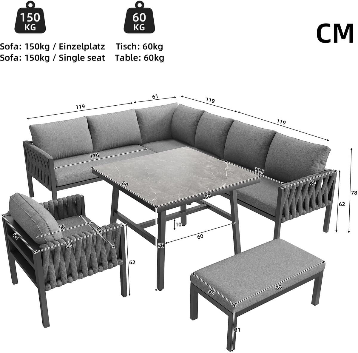 Tuinset met verzinkt ijzeren frame, grijze touw loungeset, verstelbare poten, glazen tafelblad, inclusief kussens thumbnail 2