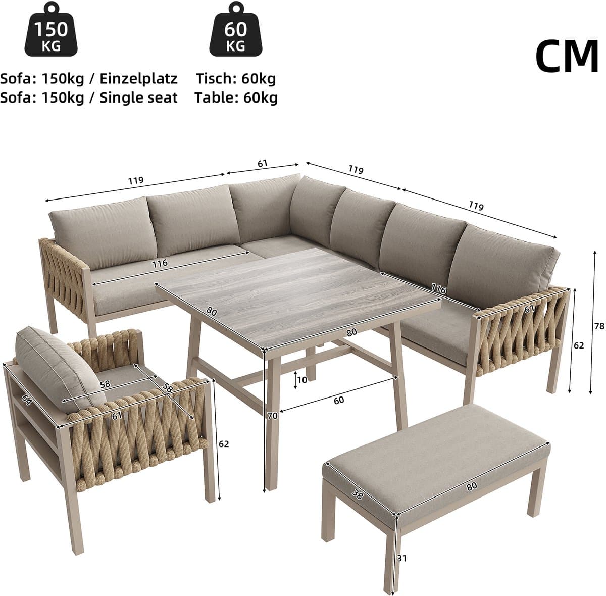 Tuinset met verzinkt ijzeren frame, beige touw loungeset, verstelbare poten, glazen tafelblad, inclusief kussens thumbnail 2