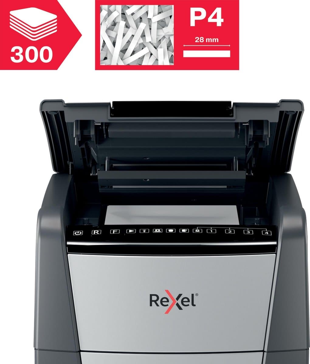 Rexel Optimum AutoFeed+ 300X Fluisterstille Papierversnipperaar - P4 Snippers - Automatische Invoer Tot 300 Vel - 60L - Zwart thumbnail 7
