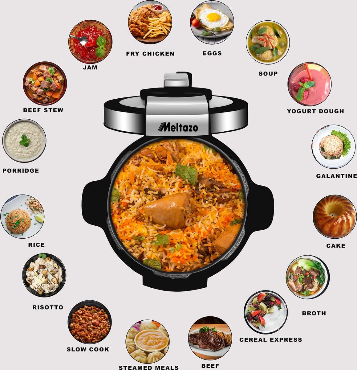 MELTAZO Multicooker, 6L, 14-in-1 Elektrische Snelkookpan met LED Touch Screen, Pressure Cooker Electrisch, Electric Pressure Cooker, Multicuiseur, Multi cooker, Rijstkoker, Yoghurtmaker, Slowcooker, Soepmaker, Stomer (RVS/Zwart) thumbnail 7