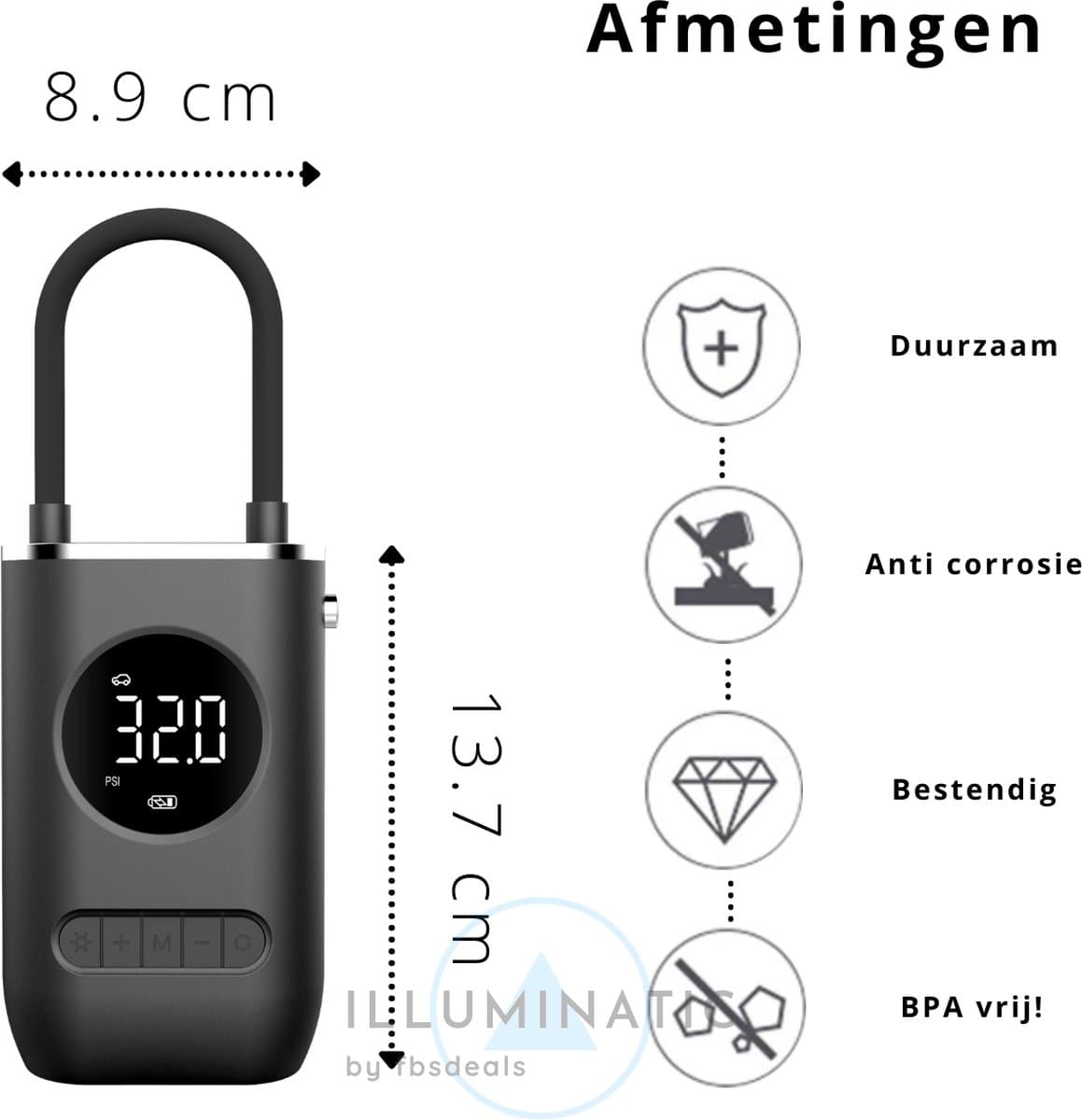 Draagbare Luchtpomp - Elektrische Luchtpomp - Lucht Pomp - Fiets Pomp - Auto Luchtpomp - Elektrische Fietspomp - Bandenpomp - Compressor Bandenpomp - Compressoren - Inflator Pomp - Draadloze Luchtpomp | Illuminatic® | USB Oplaadbaar | Zwart thumbnail 7
