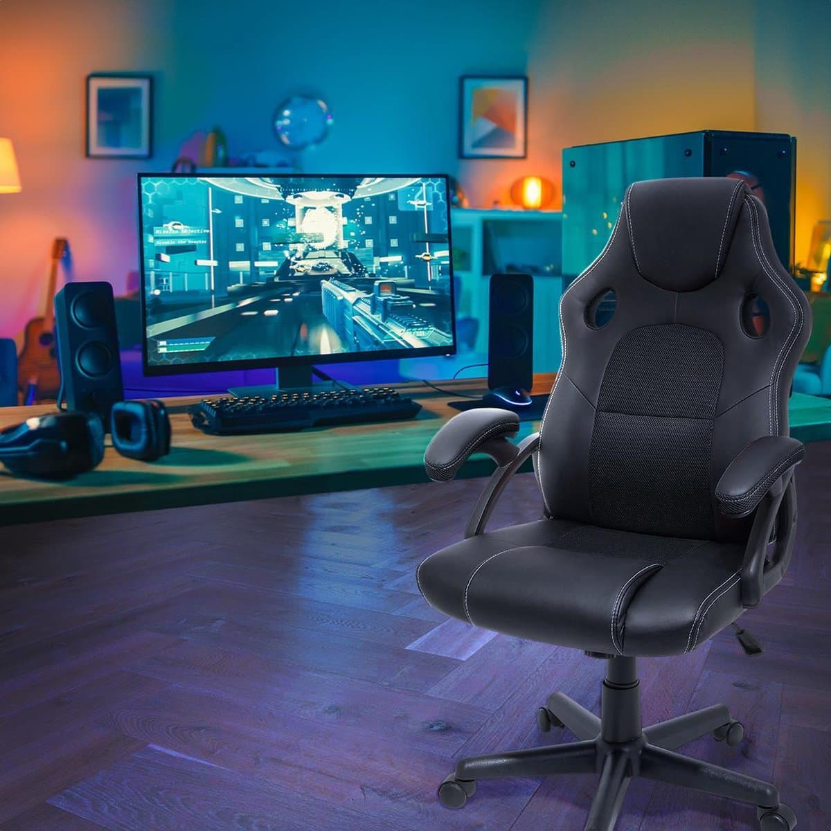 LifeGoods Gaming Stoel - Gamestoel - Verstelbaar in Hoogte - Comfortabele Gaming Chair - Kunstleer - Zwart thumbnail 7