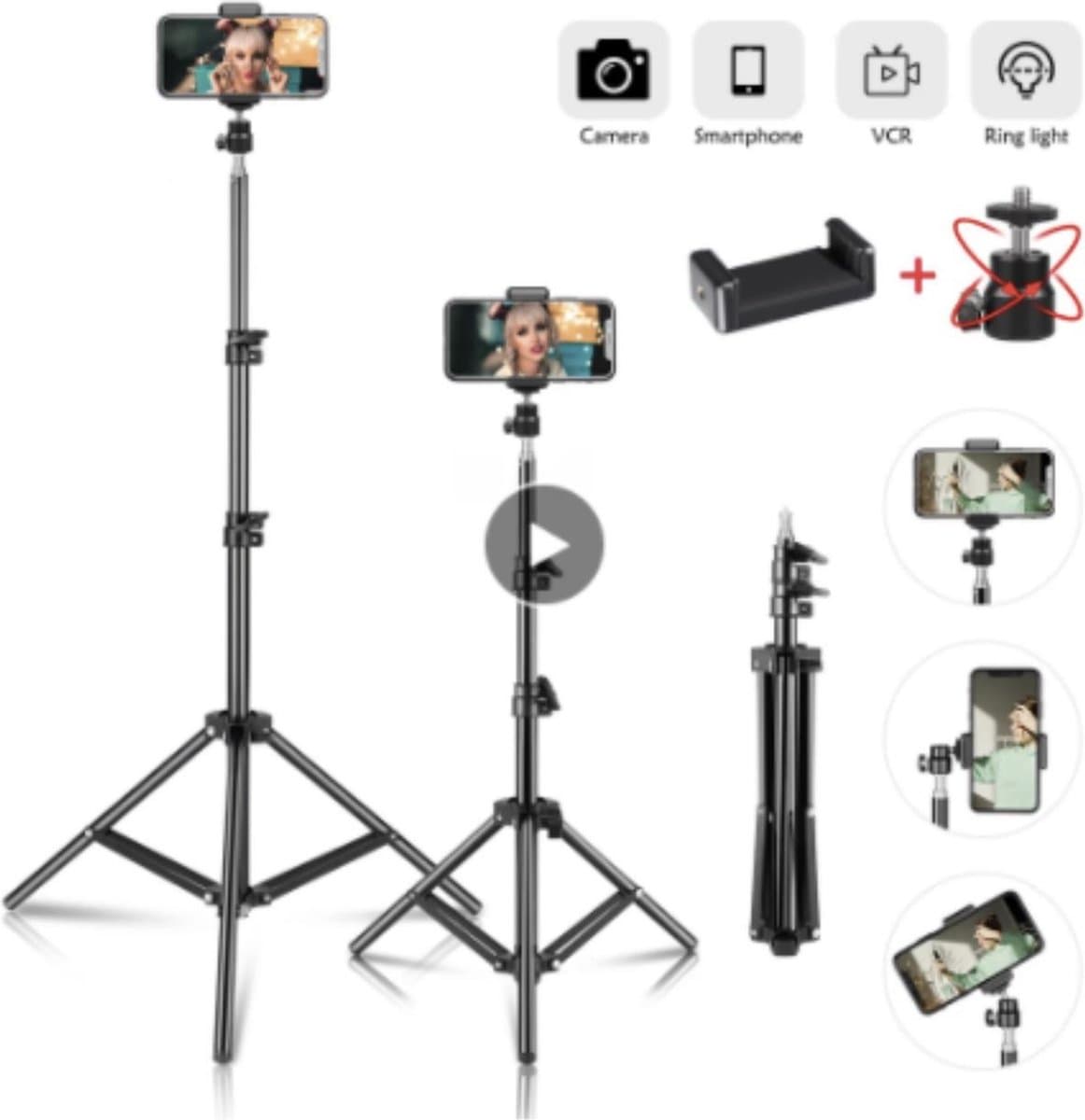2x Camerastatief 210Cm Voor Fotocamera en Smartphone - iPhone - Canon - Nikon - Spiegelreflexcamera Inc. Bluetooth Remote Shutter, Telefoonhouder, 360 ° Draaigreep horizontaal - Smartphone Statief - Tripod HiCHiCO thumbnail 3
