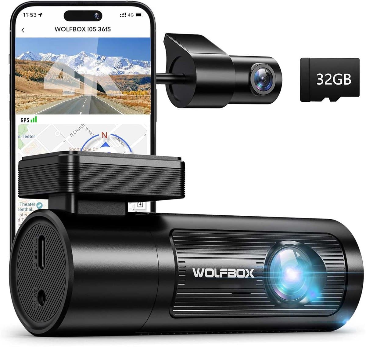 Wolfbox i05 4K Wifi Gps 2CH 32gb dashcam - Wifi met App - Parkeermodus - 4K + Full HD resolutie - Gps - 32gb Micro SD kaart - stijlvolle dashcam voor auto thumbnail 2