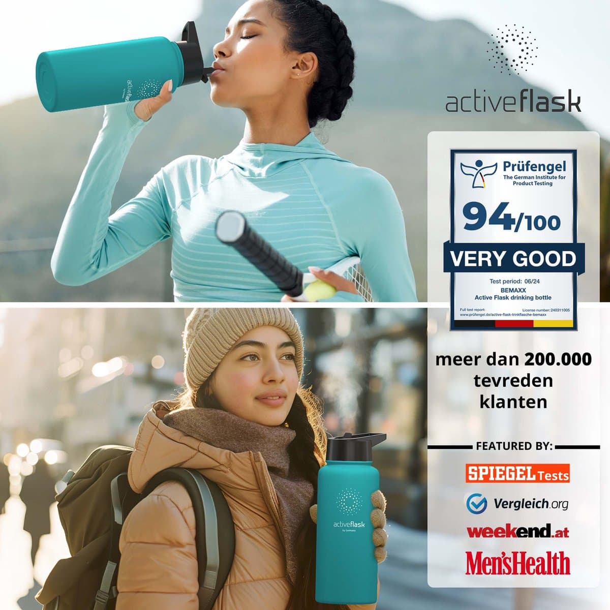 bemaxx Drinkfles met Rietje RVS Thermosfles ACTIVE FLASK (3 Drinkdoppen met Infuser), Volwassenen Kinderen, BPA-Vrij + Lekvrij | 1 Liter/500 ml Isoleerfles, Vacuüm Waterfles Sport Fitness Fietsen Water Fles Waterbidon Sportbidon thumbnail 7
