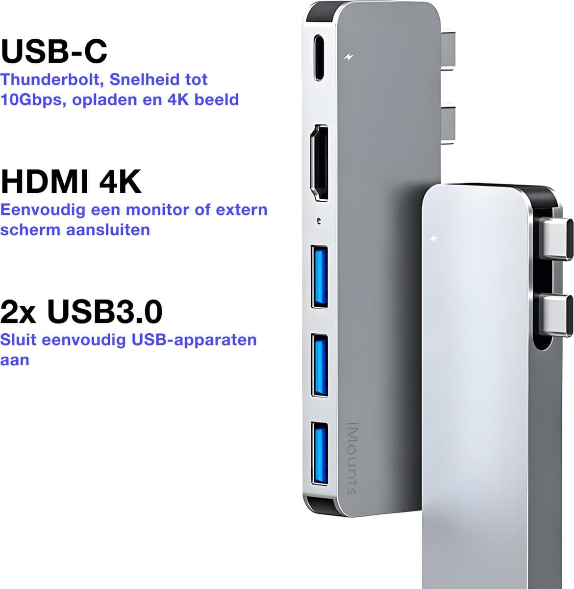 iMounts USB-C hub MacBook Air/Pro - HDMI - USB3.0 - Thunderbolt 3 - M1/M2/M3 - Zilver thumbnail 3
