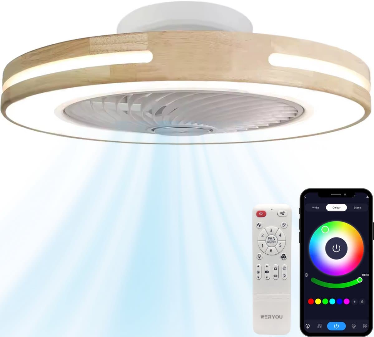 WERYOU® illuminAIR Plafondventilator - Plafonniere - Plafondventilator met Afstandsbediening - Plafondlamp - Plafond ventilator met Verlichting - Ventilator lamp - RGB Ledlamp - Hout Design