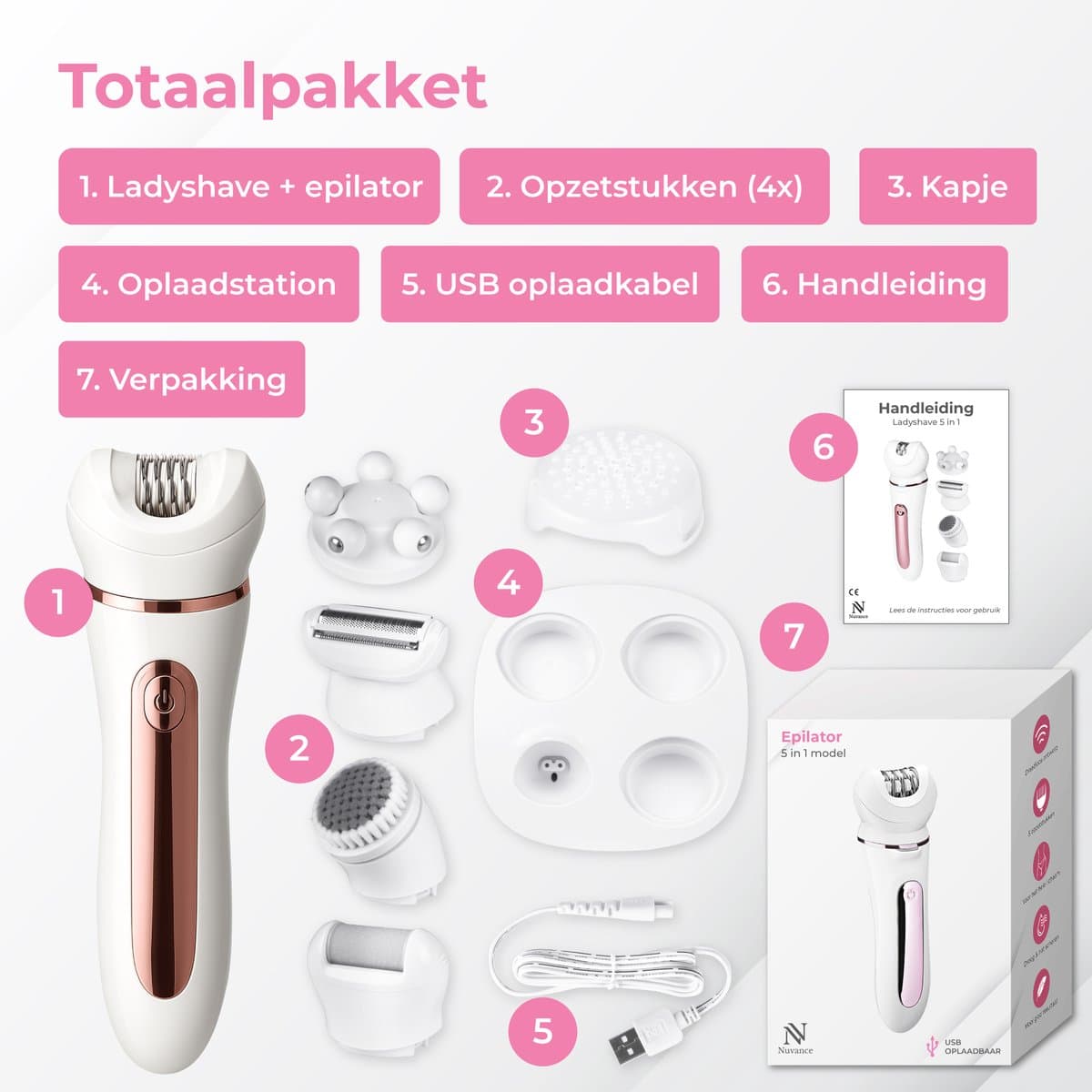 Nuvance Epileerapparaat Dames - Epilator 5-in-1 - Ladyshaves voor Vrouwen - Epilators - Ladyshave - Waterproof - Usb - Wit/Roze thumbnail 8