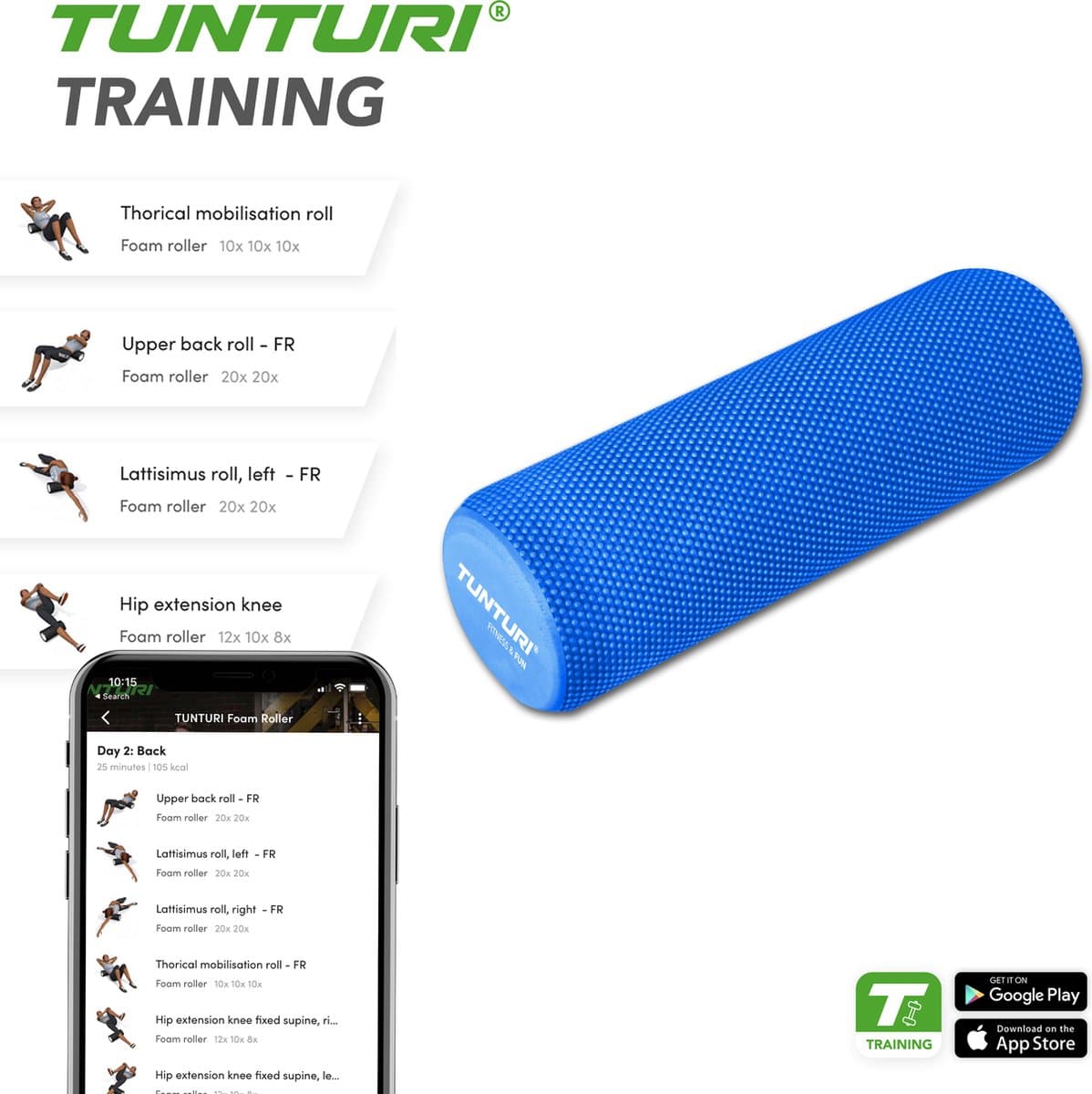 Tunturi Yoga Foam Roller - Massage Roller - Yoga Roller- EVA - 40cm - Incl. gratis fitness app thumbnail 3