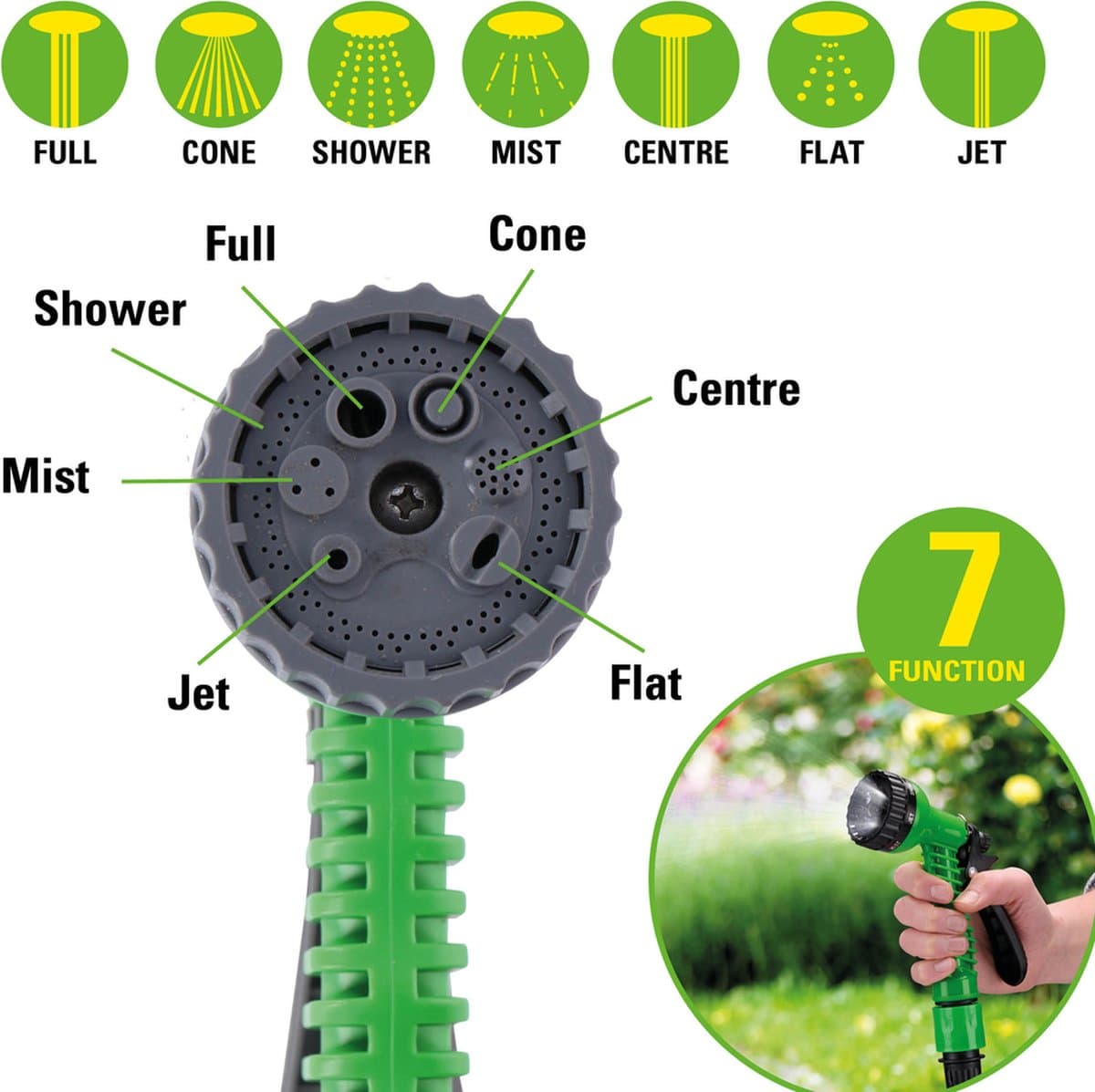 Kinzo Flexibele Tuinslang 20M - Incl. Opzetstuk - Sproeikop met 7 Spraystanden - Kunststof - Groen/Grijs thumbnail 7