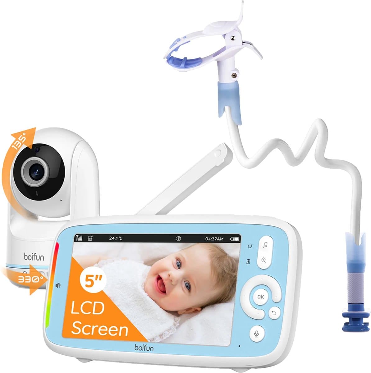 BOIFUN Video Babyfoon, 5-inch 720P IPS Full Color Scherm, 360 Camera, ECO-modus, 3050mAh Batterij, Geen Wifi, Nachtzicht, Tweerichtingsaudio, Voedingsherinnering, Temperatuursensor, Slaapliedjes, Met Babyfoonhouder