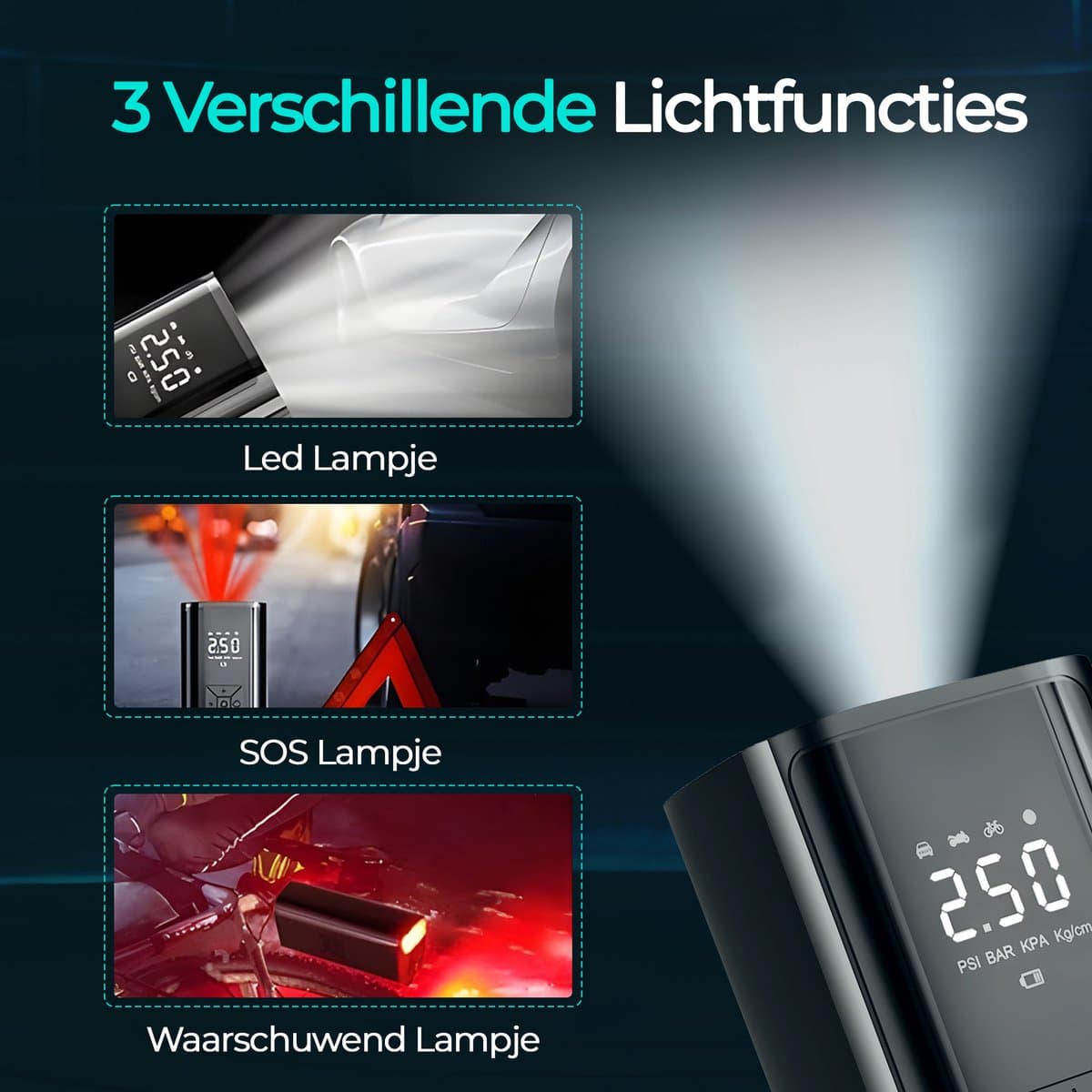 Olvy Compressor Bandenpomp - Draagbare Luchtcompressor - 7000 mAh - Elektrische Fietspomp - Fiets/Auto/Motor/Bal/Luchtbed thumbnail 4