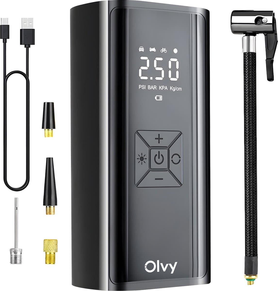 Olvy Compressor Bandenpomp - Draagbare Luchtcompressor - 7000 mAh - Elektrische Fietspomp - Fiets/Auto/Motor/Bal/Luchtbed
