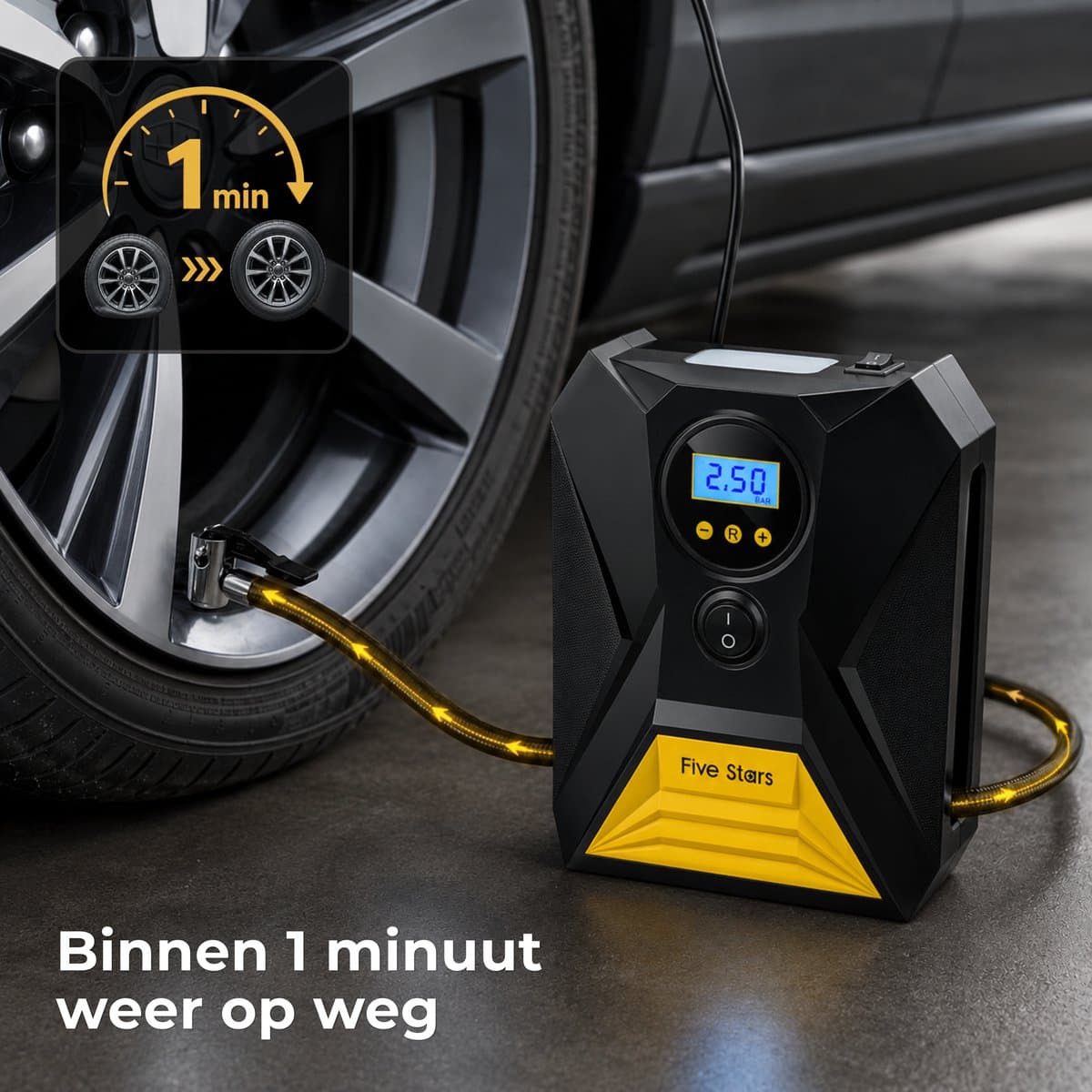Five Stars® Compressor Bandenpomp - 12V - Draagbare Luchtcompressor - Elektrische Pomp - Voor Auto, Motor en Bal thumbnail 7