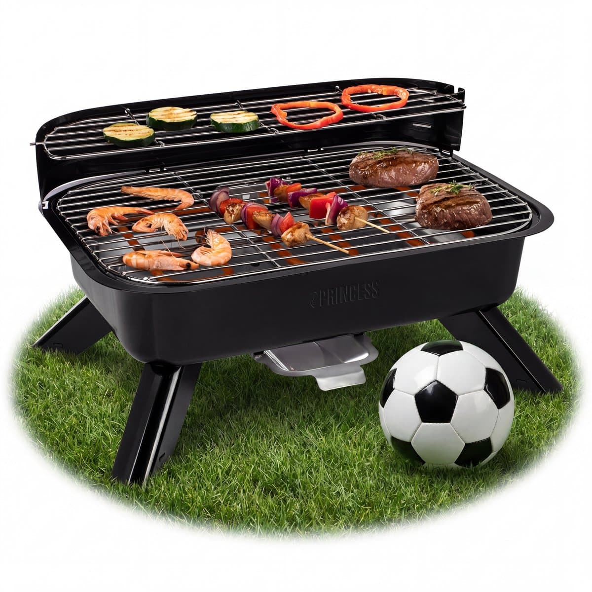 Princess 112252 Hybride Barbecue – 2000W – Elektrisch of Houtskool BBQ – Compact Tafelmodel – Ideaal voor Balkon & Camping – 44x29 cm - WK
