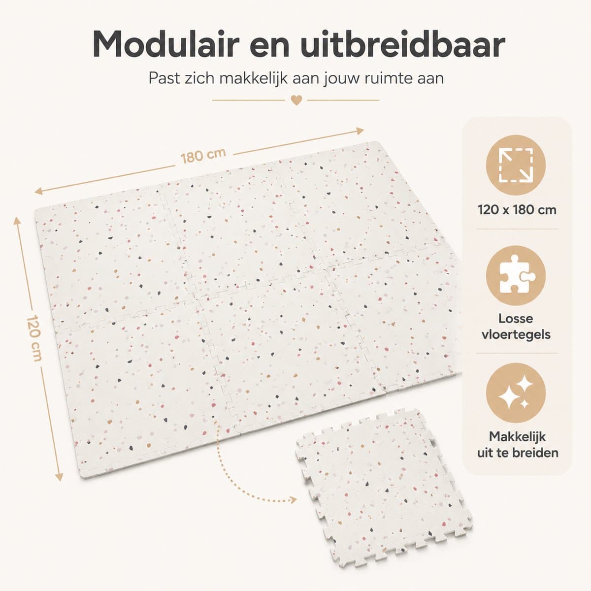 WoonWonder Speelmat baby - Foam - Speelkleed Baby - Dubbelzijdig Opvouwbaar Speelmat - 120 x 180 cm - Terrazzo - Zachte Vloertegels - Inclusief Opbergtas thumbnail 2