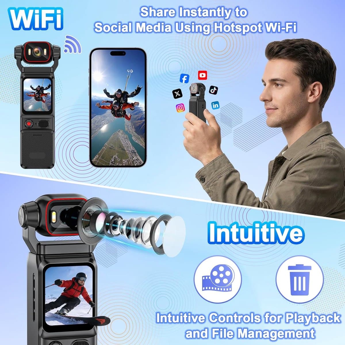 Action Cam 4K - 6-assige stabilisatie videocamera, vlog, live view-display, vlogcamera, wifi, 160° groothoek, draaibare lens en 3000 mAh batterij voor fietsen, vlogging, reizen en outdooractiviteiten thumbnail 2