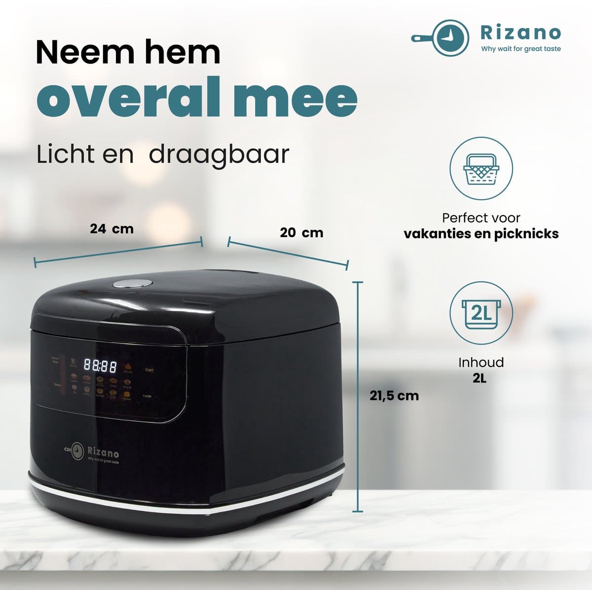 Rizano® Rijstkoker Zwart - 1-4 Personen - Multicooker - Slowcooker - Rice Cooker Klein 2L - Rijststomer - Rijstkoker met Stomer - Soep, Stoofpot & Cake - Anti-aanbak met 3D Warmteverdeling - Touchscreen en 5 Functies thumbnail 8
